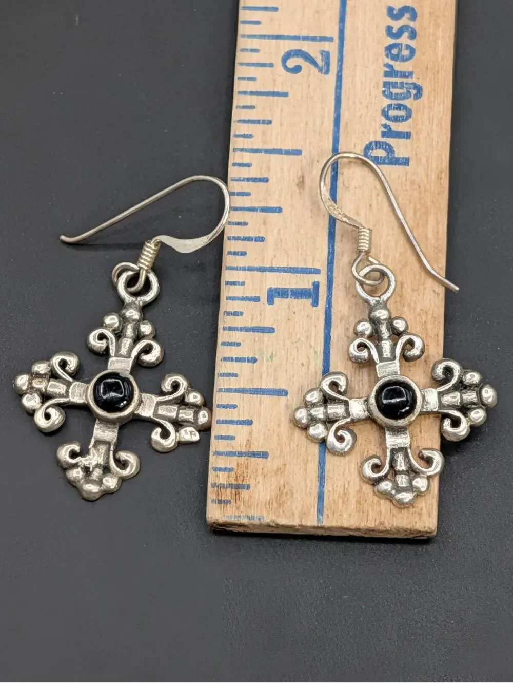 Vintage 925 Sterling Silver CM Fleur De Lis Cross Earrings Black Onyx 3.69g